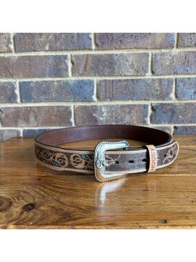 Hooey Mens Top Notch Hand Tooled Leather Western Belt Filigree Cutout Size 36